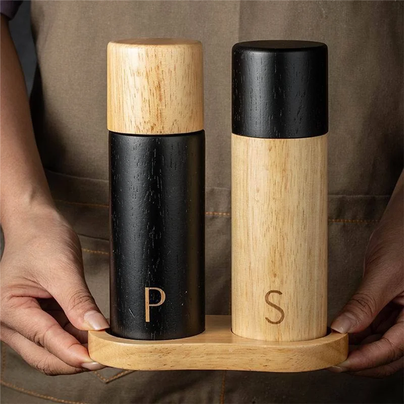 A74E-Oak Wooden Pepper And Salt Mill Set Multifunction Spice Grinder Refillable Mill With Storage Box
