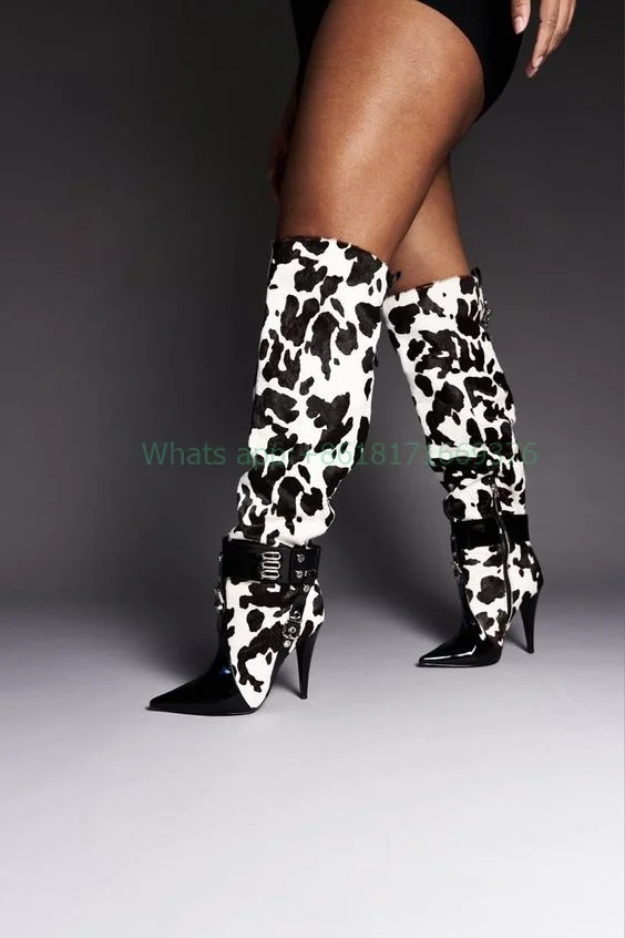 

Leopard Sxy Pointed Toe Knee High Boots Women Leather Patchwork Stiletto High Heel Boots Design Gladiatoe Shoes Party Zip 2023