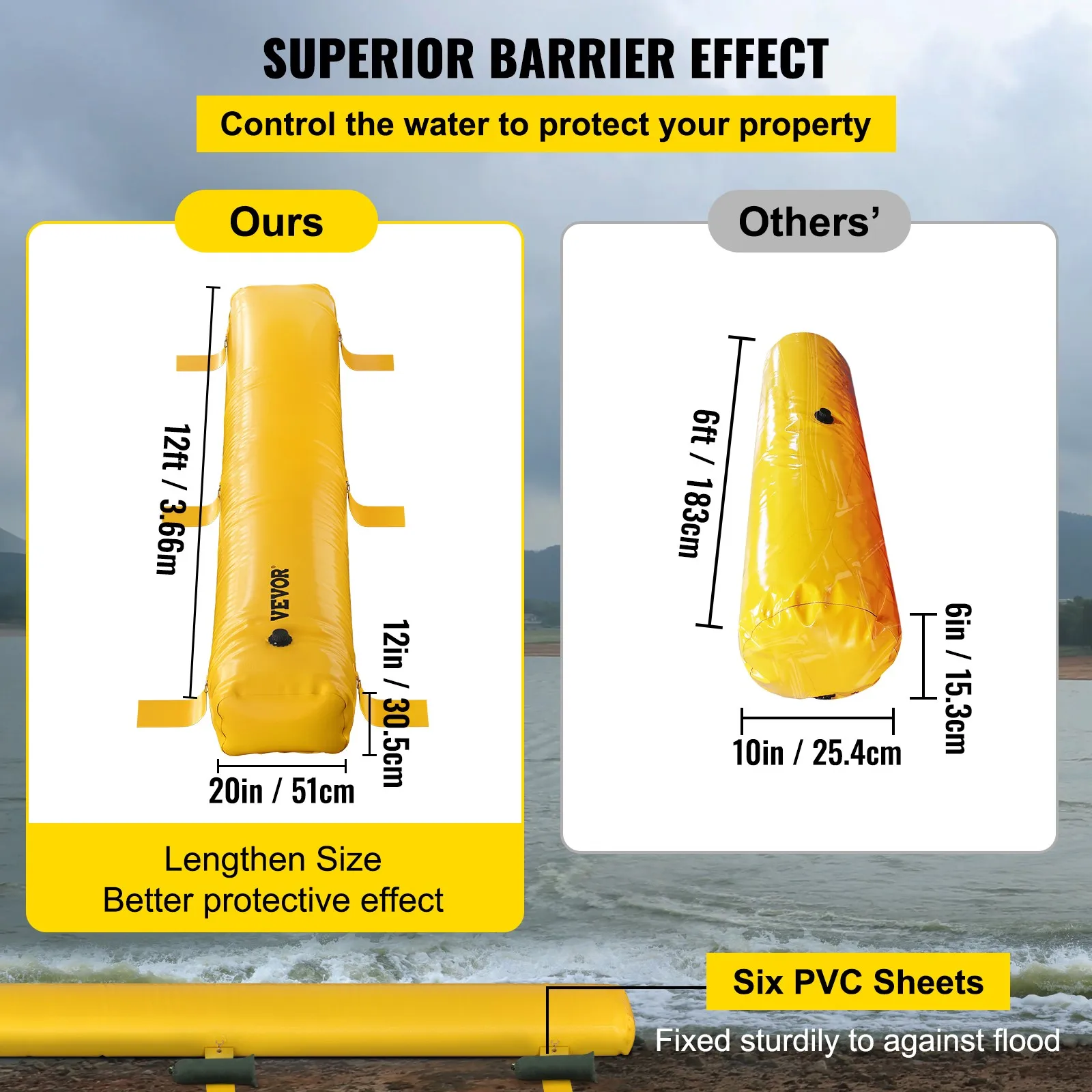 VEVOR Barrera Antiinundaciones 3,66 m Largo x 30,5 cm Alto, Bolsas contra Inundaciones Alternativas a los Sacos de Arena, Barrera contra Inundaciones de PVC Impermeable, para Puerta de Garaje