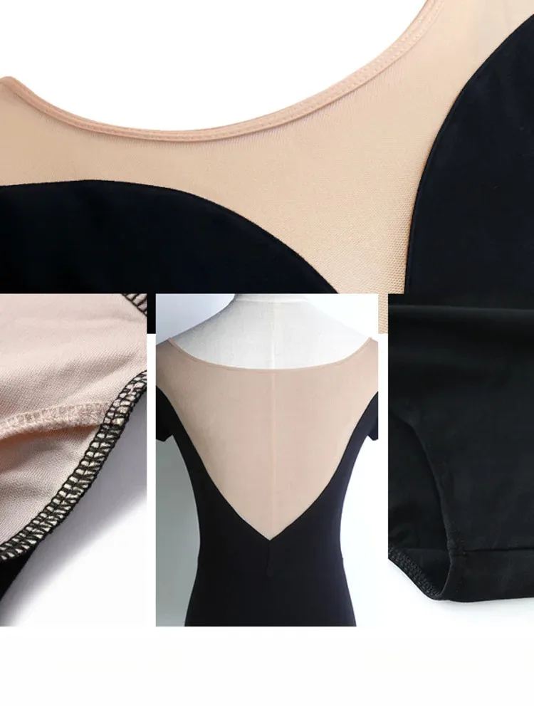 Elegante mesh patchwork romper met korte mouwen en ronde hals - Lichtgewicht balletdanskostuum voor toneelvoorstellingen