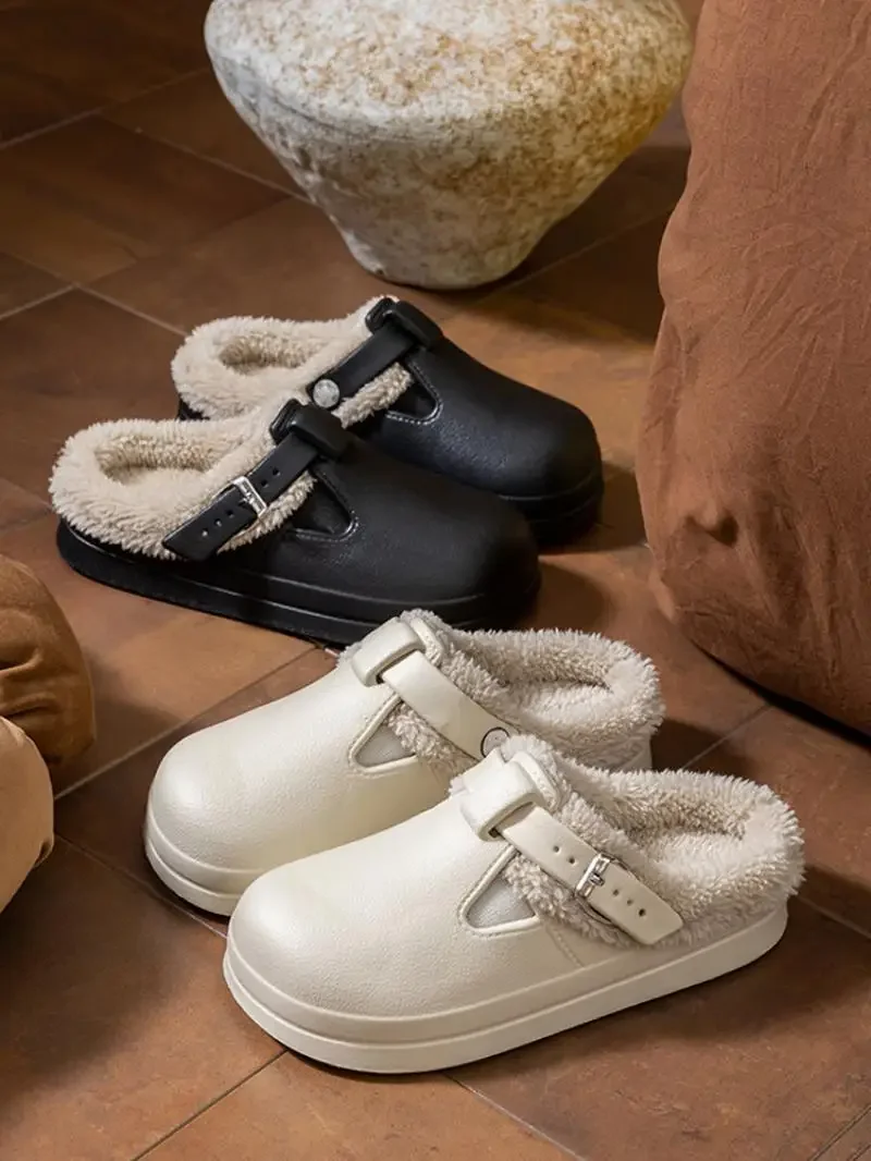 Lässige Plüsch-Hausschuhe mit Metallschnalle für Damen, Winter 2026, weiche, dicke Sohle, wasserdichte EVA-Hausschuhe, pelzige Clogs für Damen – Detail 4