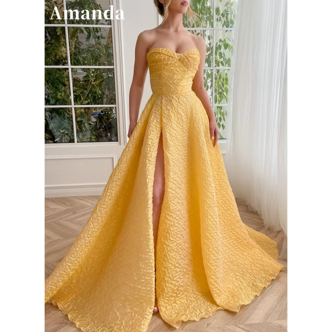 

Amanda Yellow Taffeta vestidos de noche Strapless A-line Prom Dresses Elegant Sleeveless Sexy Side High Split Formal Evening