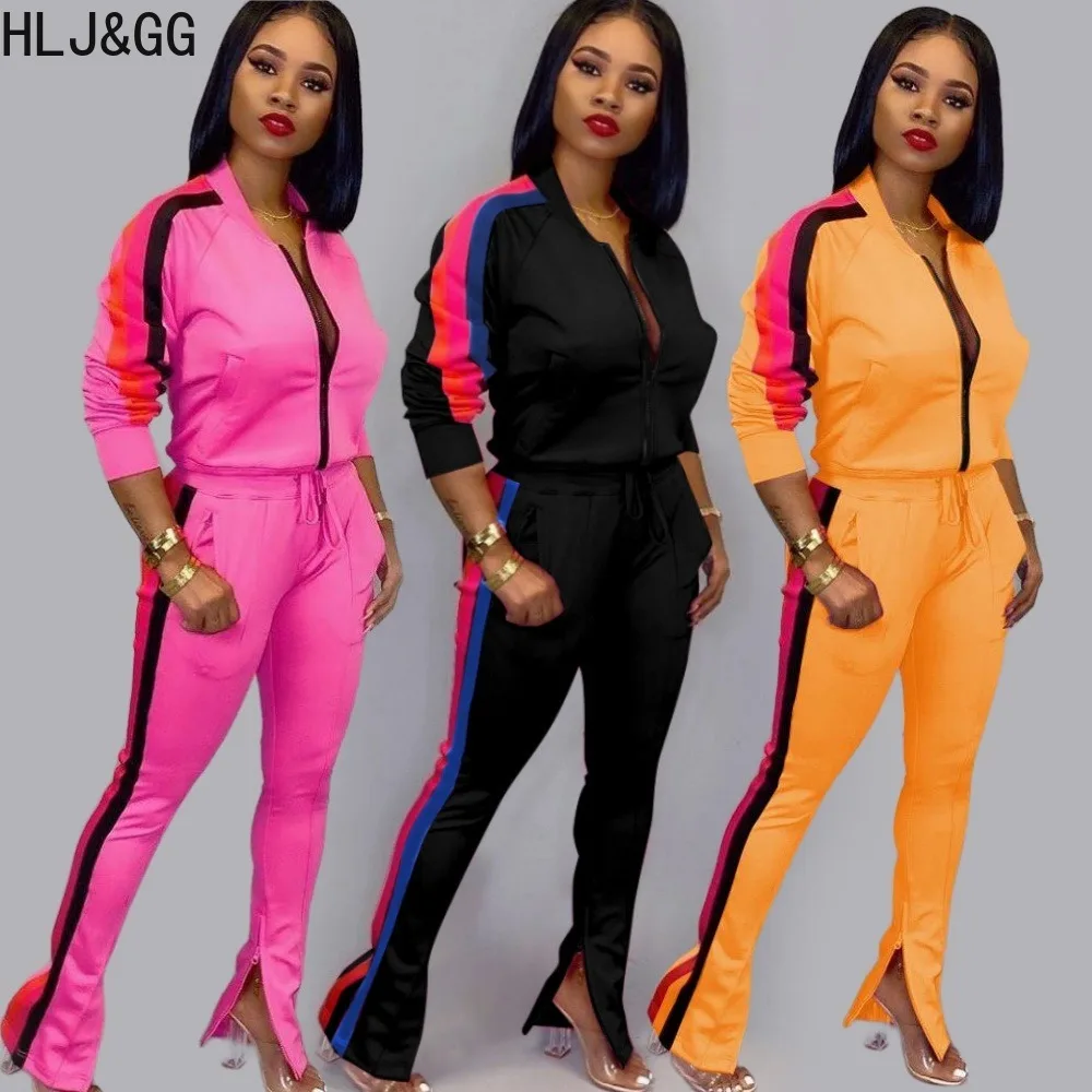 

HLJ&GG Spring New Casual Splicing Skinny Pants Two Piece Sets Women Zipper Long Sleeve Coats And Pants Tracksuits Female Outfits