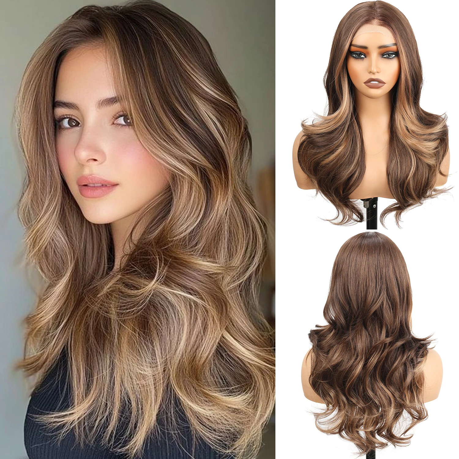 

Коричневый парик с золотистыми прядями и кружевными вставками, кружево высокой плотности 13x4, коричневые волнистые локоны из синтетического волокна, подходит для вечерних выходов.