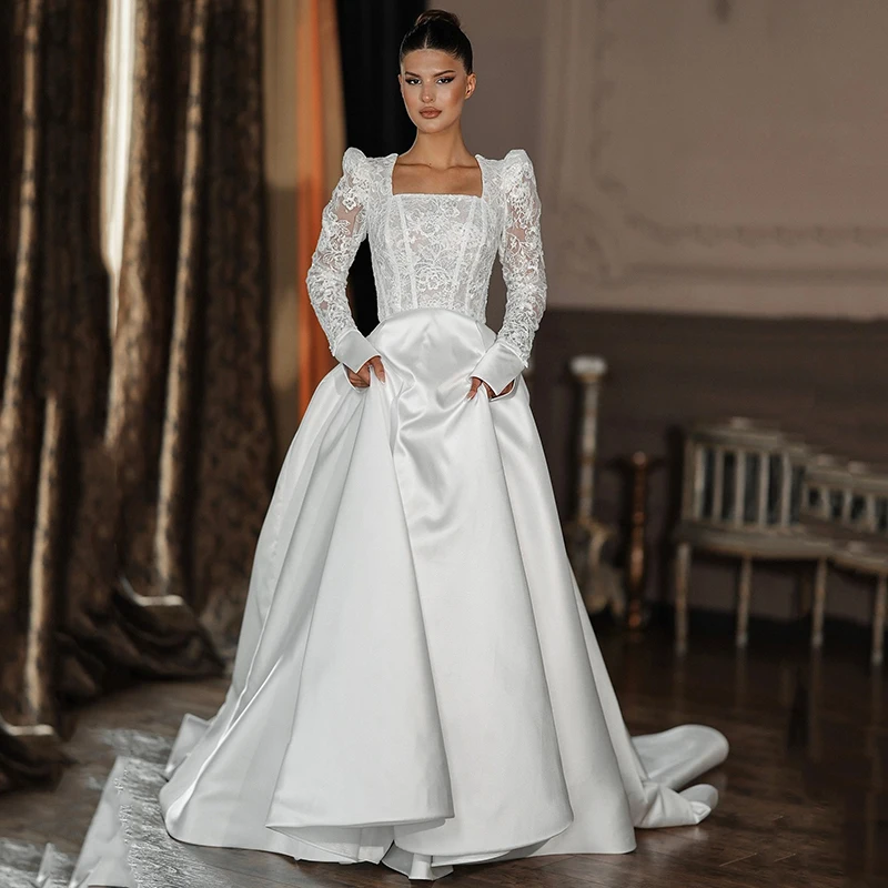 

Eightree Elegant A-Line Wedding Dresses White Long Sleeve Lace Corset Back Bridal Dress 2026 Wedding Ball Prom Gowns Customized