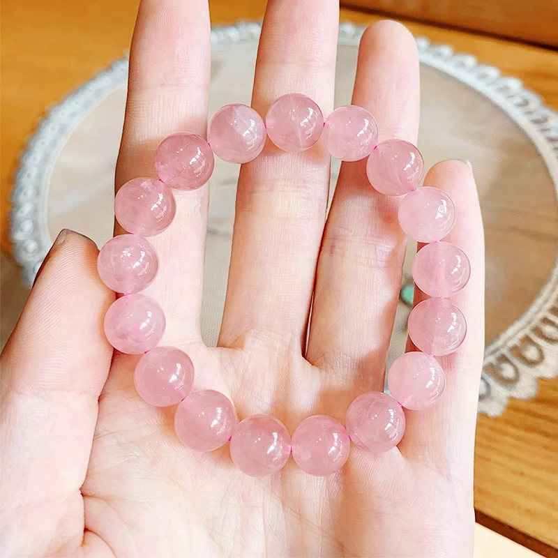 Natural Pink Crystal Bead Bracelet Madagascar Hibiscus Single Circle Lucky Peach Blossom Healing Stone Jewelry Gift for Lady