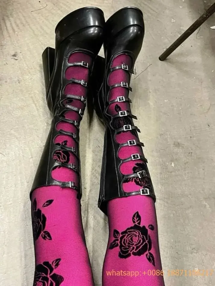 Summer Patent Leather Belt Buckle Sexy Boots 2025 Platform Party Zip Fashion Women Lolita Hollow Street Punk Thick High Heels