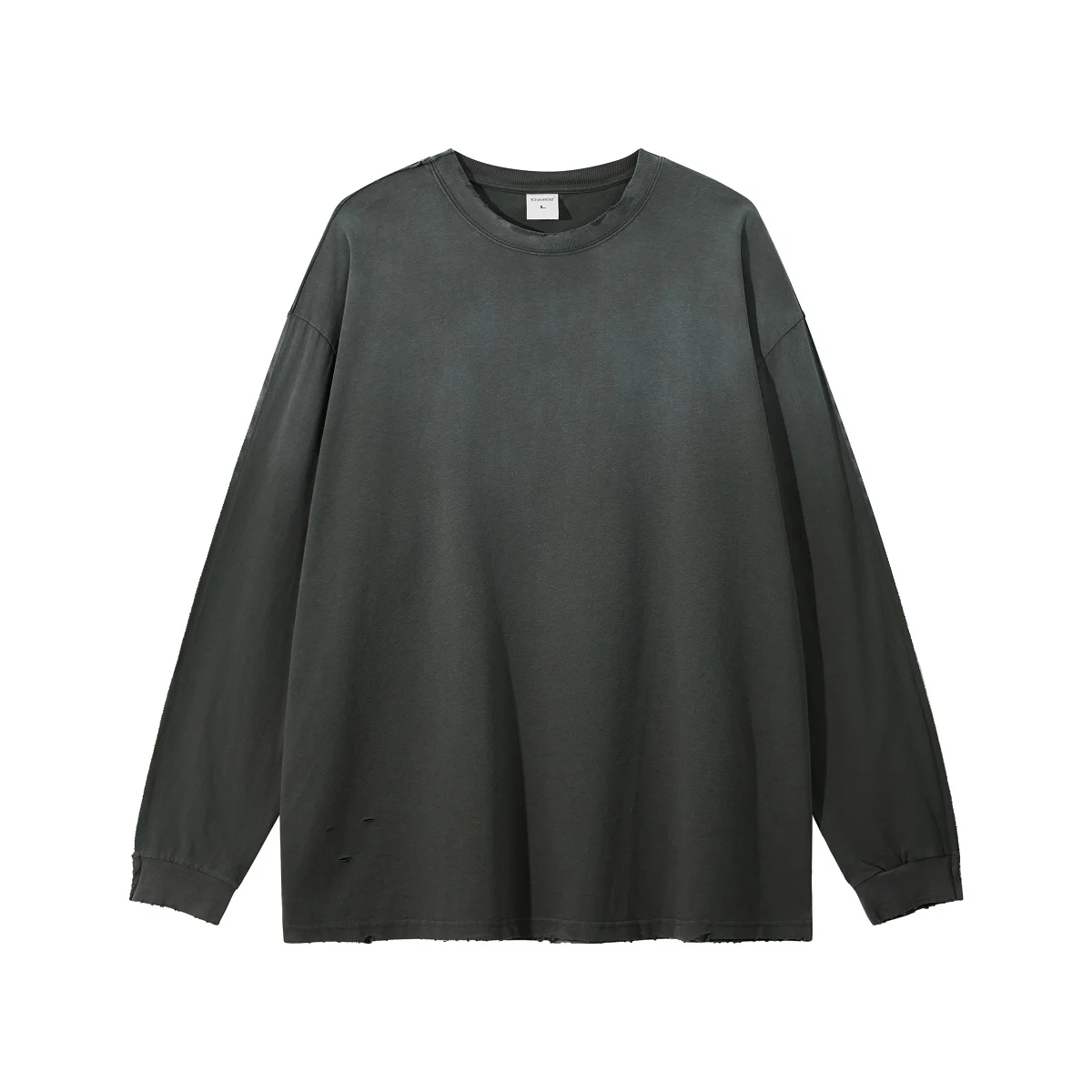 Fashion Trendy Vintage Gradient Round Neck Long Sleeve T-Shirt Unisex Distressed Loose Casual Base Shirt