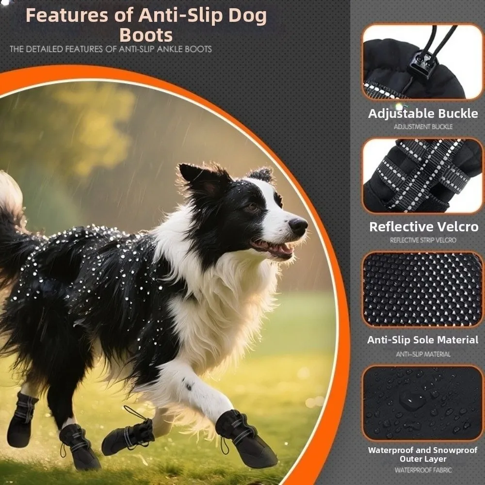 4pcs/set Reflective Waterproof Dog Shoes Warm Breathable Anti-Slip Dog Boots Wear Resistant Adjustable Wound Recovery Boot