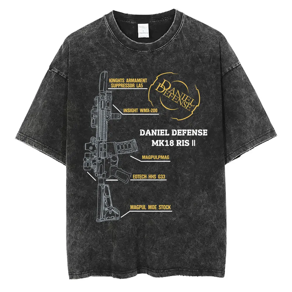 

Washed Vintage Daniel Defense MK18 Graphic T-shirt Men Women Tactical Army Fan Club Outdoor Training Competition Lover T Shirt