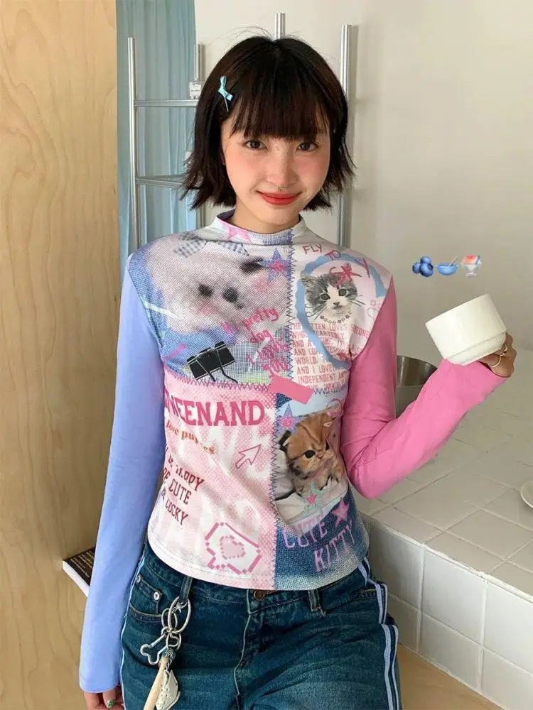 Seeslim Cartoon Graphic T Shirts Woman Clothes Long Sleeve Japan Style Tees 2000s Clothes Y2k T-shirt Kawaii Autumn Tops Chic