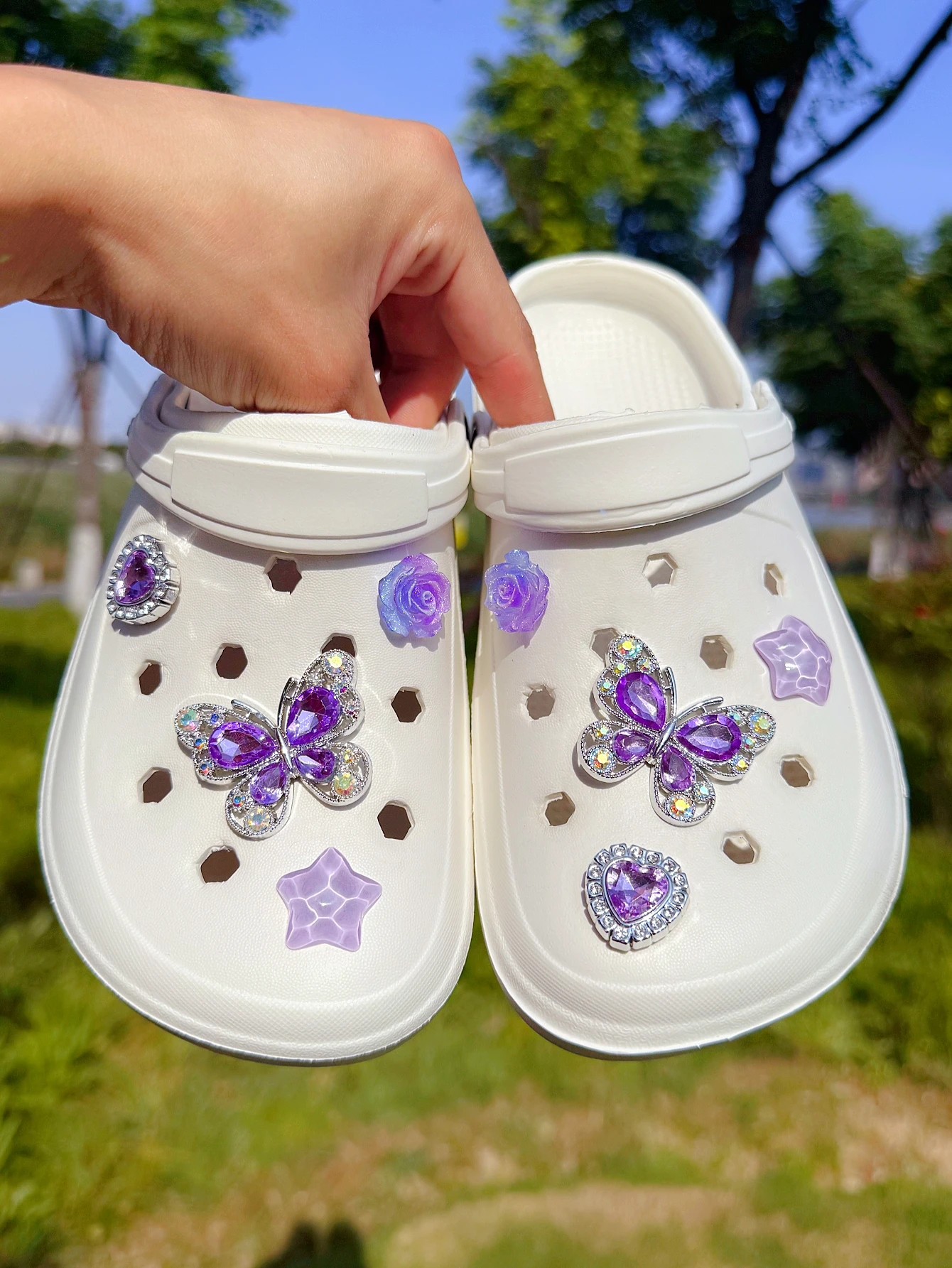 8 peças de borboleta de diamante abs roxo, coração de amor, estrela ondulada de água, fivela de sapato rosa gradiente decoração diy, sanda feminina