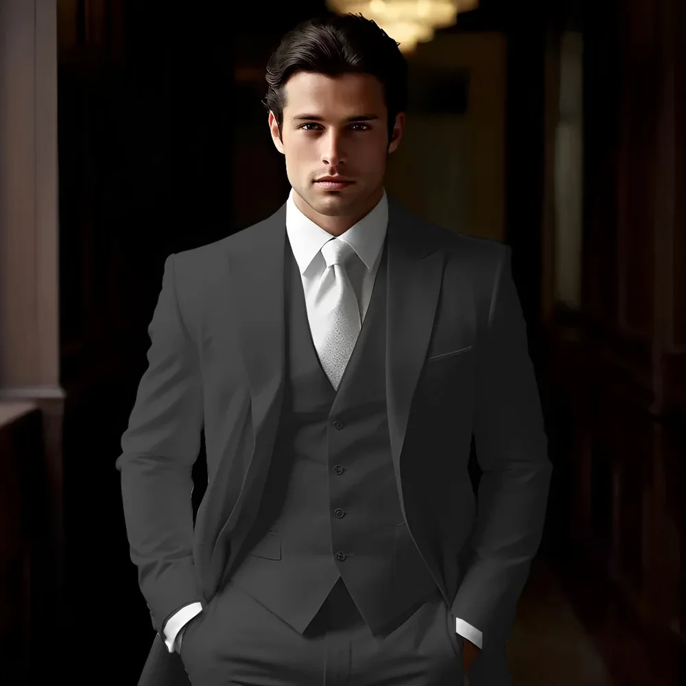 Setelan Jas Pria Biru 3 Potong Model Formal Kerah Lancip Slim Fit untuk Pengantin Pria/Tuksedo Pengiring Pria Terbaik untuk Pernikahan/Bisnis (Jas+Rompi+Celana)