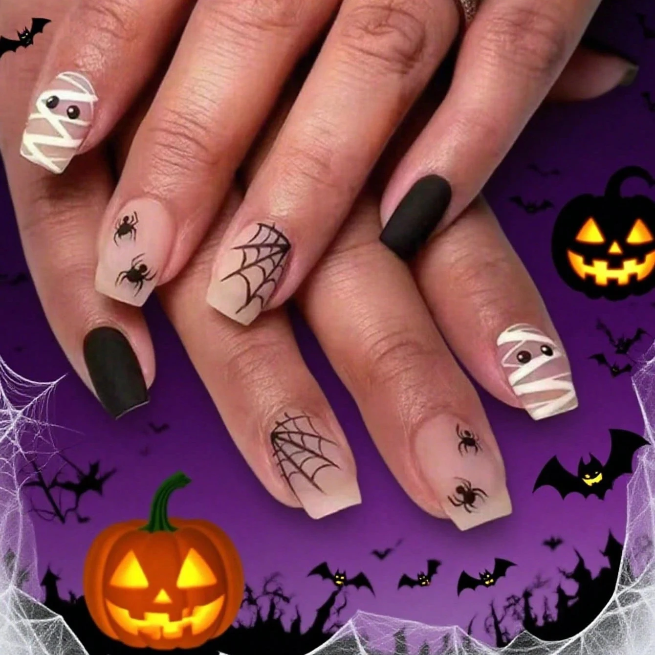 

24 шт., накладные ногти с дизайном мумии на Хэллоуин, короткие квадратные накладные ногти, милые накладные ногти с полным покрытием, ногти на Хэллоуин