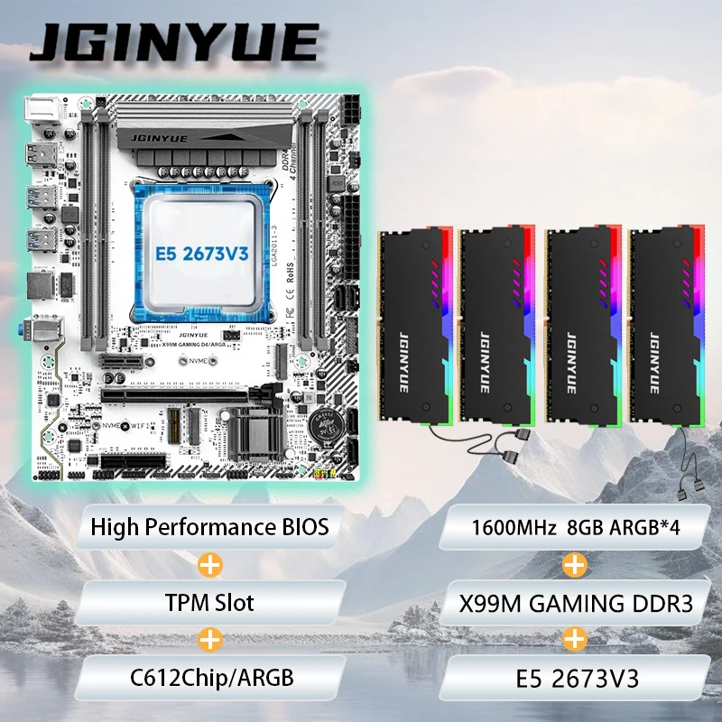 

Игровая материнская плата JGINYUE X99M E5-2673 V3 12C24T L3Cache 30M 8GB*4 1600MHz DDR3 ARGB Kit C612 Чипсет TPM Слот M.2*2 PCIe3.0