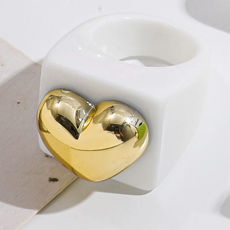 Harajuku Fashion Rainbow Colorful Resin Acrylic Geometric Metal Heart Ring For Women Party Sweet Aesthetic Jewelry Accessories