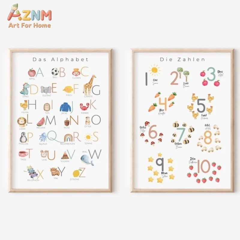AZNM German Alphabet Numbers Canvas Wall Art, Das Alphabet Die Zahlen Watercolor Print, Kids Nursery Educational Home Decor Post