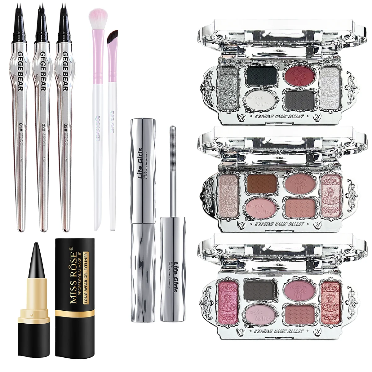Six-color eyeshadow palette, eyeliner pen, mascara, eyebrow pencil,diverse style,natural makeup,Portable,integrated makeup syste