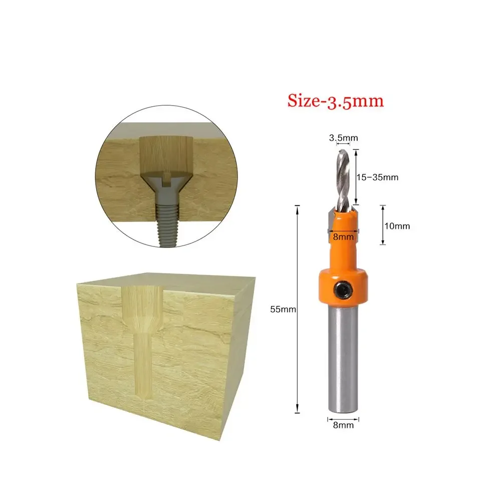 Haste Countersink Broca Set, Madeira Router Bit, Fresa, Carpintaria Alargador, 2.8mm, 3mm, 3.2mm, 3.5mm, 4mm, 8mm, 1Pc