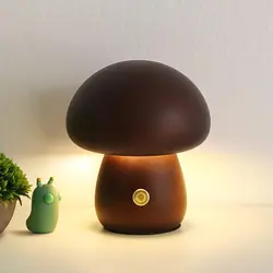 Mushroom LED Night Light Dimmable Wooden Bedroom Bedside Table Lamp with Touch Switch Room Decoration Lighting Chargeable