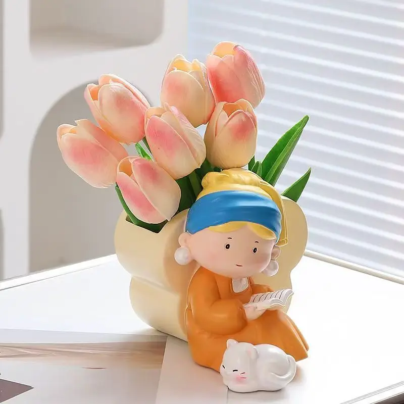 

Держатель для ручек и цветов «Девушка с жемчужной сережкой» в кремовом стиле, настольный органайзер-тюльпан, декоративная фигурка из смолы для дома и офиса