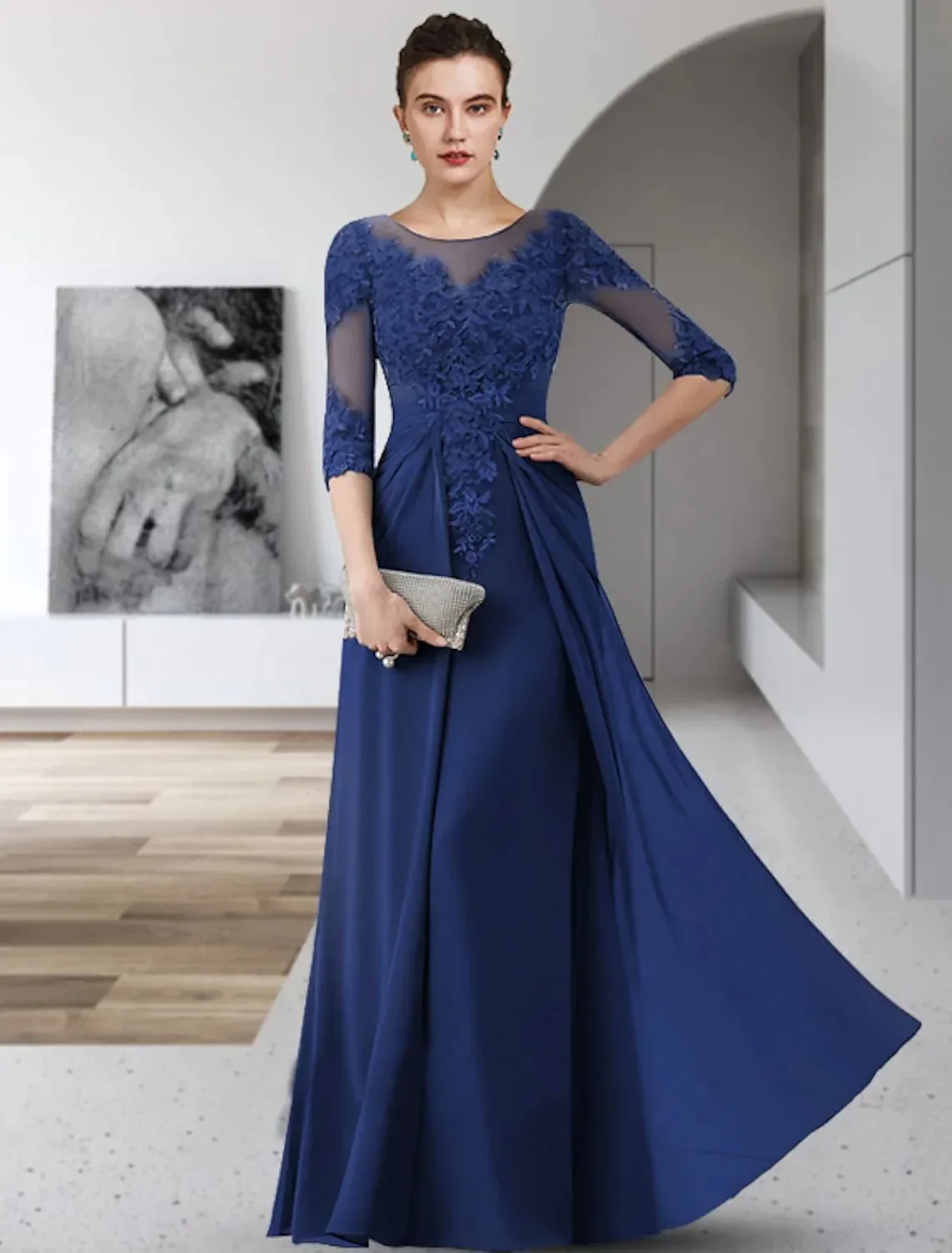 

Royal Blue Mother of the Bride Dress Elegant Jewel Neck Floor Length Chiffon Half Sleeves Appliques Lace Wedding Party Gowns
