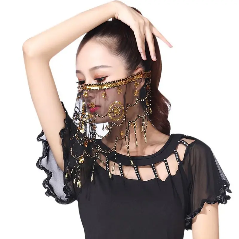 Women Belly Dance Face Veil Sequin Gauze Tassels Glitter Veil for Girls Masquerade Party Mask Elegant Belly Dance Accessories