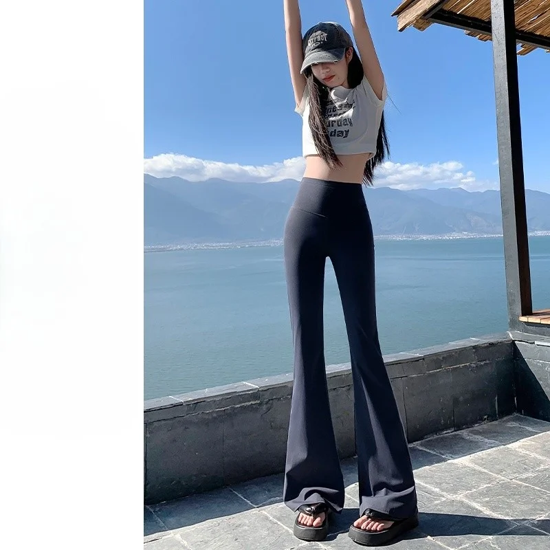 Yoga Pants Straight Leg Women Cropped Light Gray Style Harajuku Leisure Stripe Printing Fleece Lined Mujer Squat Blue Geometric