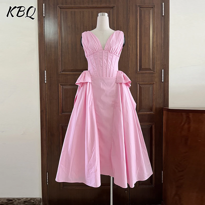

KBQ Elegant Solid Spliced Folds A Line Dresses for Women V Neck Sleeveless High Waist Temperament Dress Female Fashion Style New