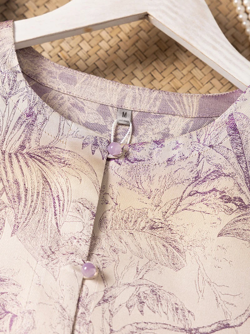 2025 Women's Early Autumn New Plain Shadow Forest Print Versatile Comfortable 100% Natural Mulberry Silk Song Brocade Coat