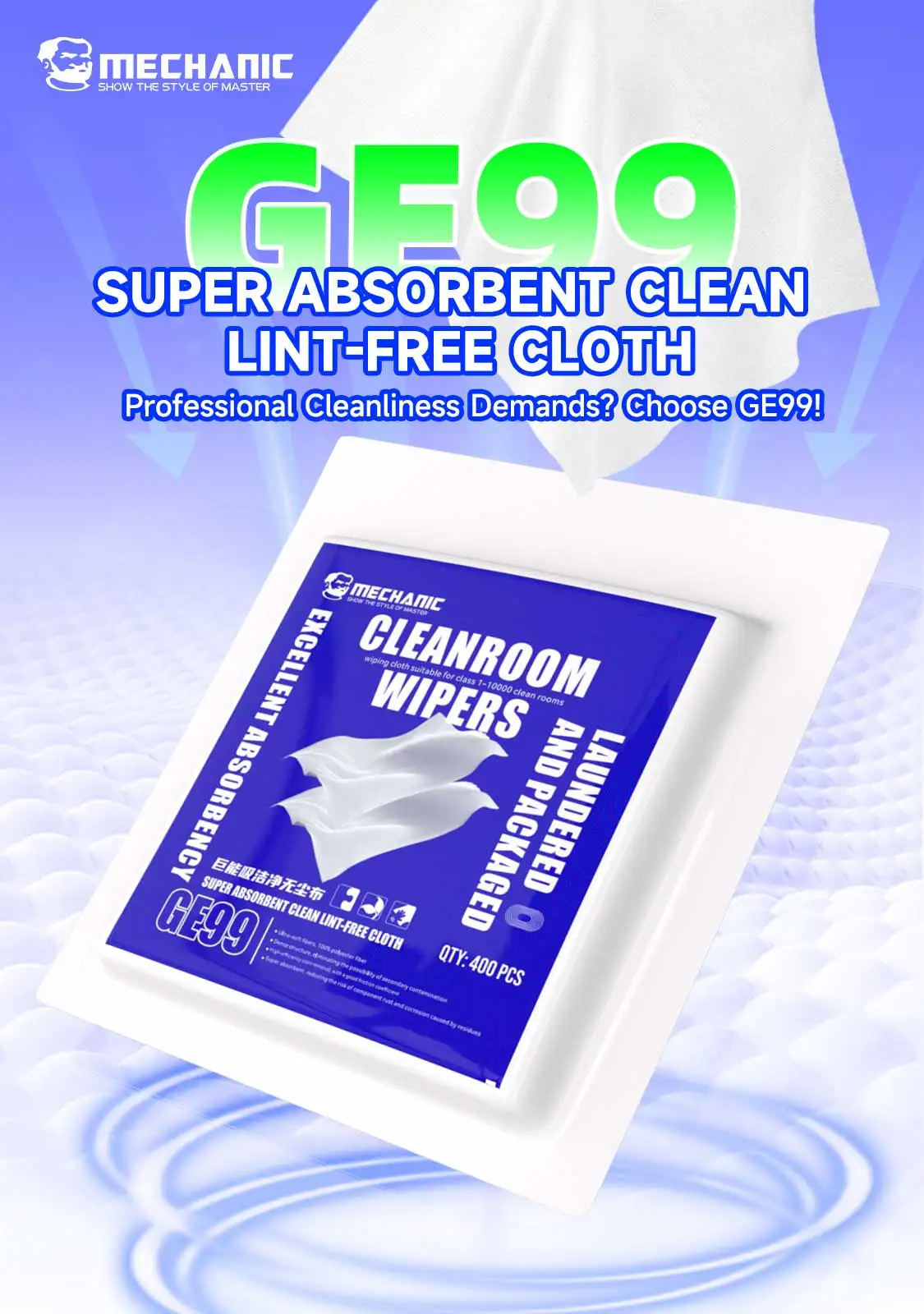 Mechanic GE99 Super Absorbent Clean Lint-Free Cloth Ultra-Soft 100% Polyester Cleanroom Wipers for Precision Electronic Cleaning
