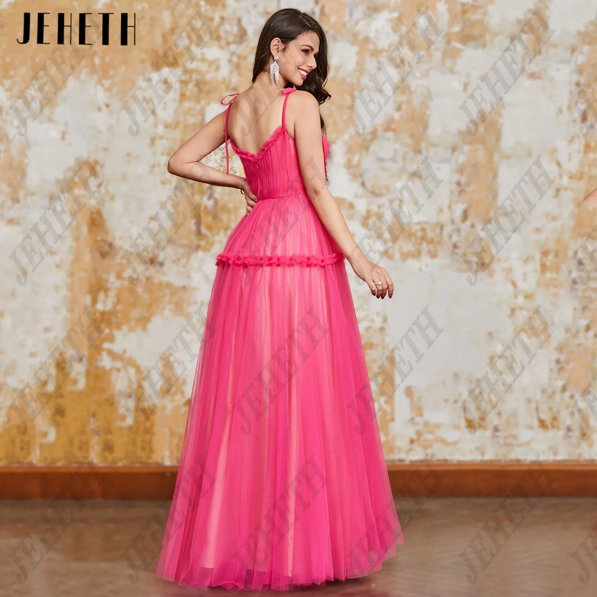 Jeheth Fee Fuschia Tüll Ballkleid Spaghetti träger A-Linie Abendkleider boden lange formelle Anlass Kleider angepasstJEHETH Fee Fuschia Tüll Ballkleid Spaghetti Träger A-Linie Abendkleider Bodenlang Formelle Anlässe Kl