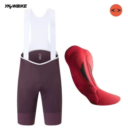 YKYW, pantalones cortos con pechera de ciclismo morados de verano para hombre, correas italianas MITI, pantalones con pechera para bicicleta de carretera, pantalones cortos acolchados con interfaz elástica belga para bicicleta