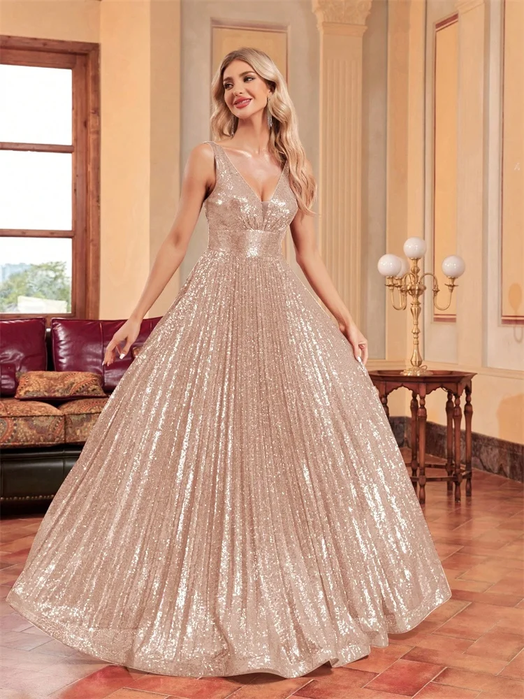 فستان سهرة رسمي فاخر بياقة على شكل V بدون أكمام للنساء 2024 ترتر لحفلات الزفاف وحفلات التخرج ماكسي فساتين لحفلات الكوكتيل