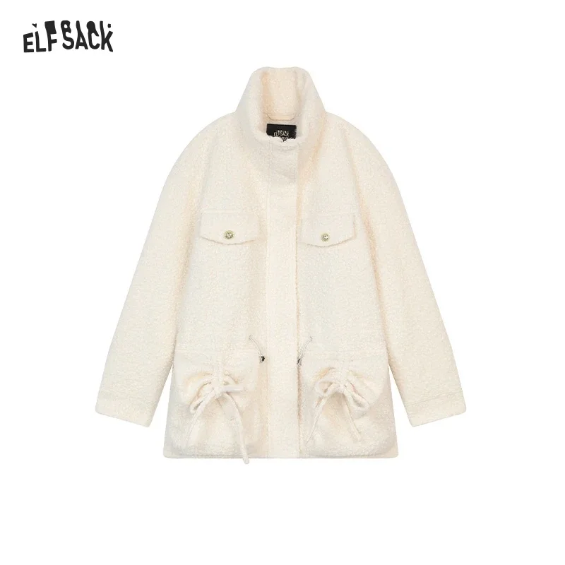 ELFSACK 2024 Winter New Arrivals White plush thick coat with stand collar and pockets