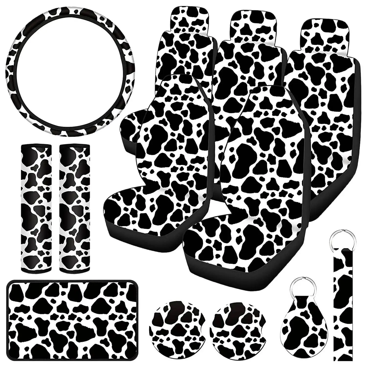 

13PCS Cow Print Car Seat Cover Kit, Car Steering Wheel Cover, Seat Belt Pads, Car Coasters, Armrest Pad, Wrist Holder