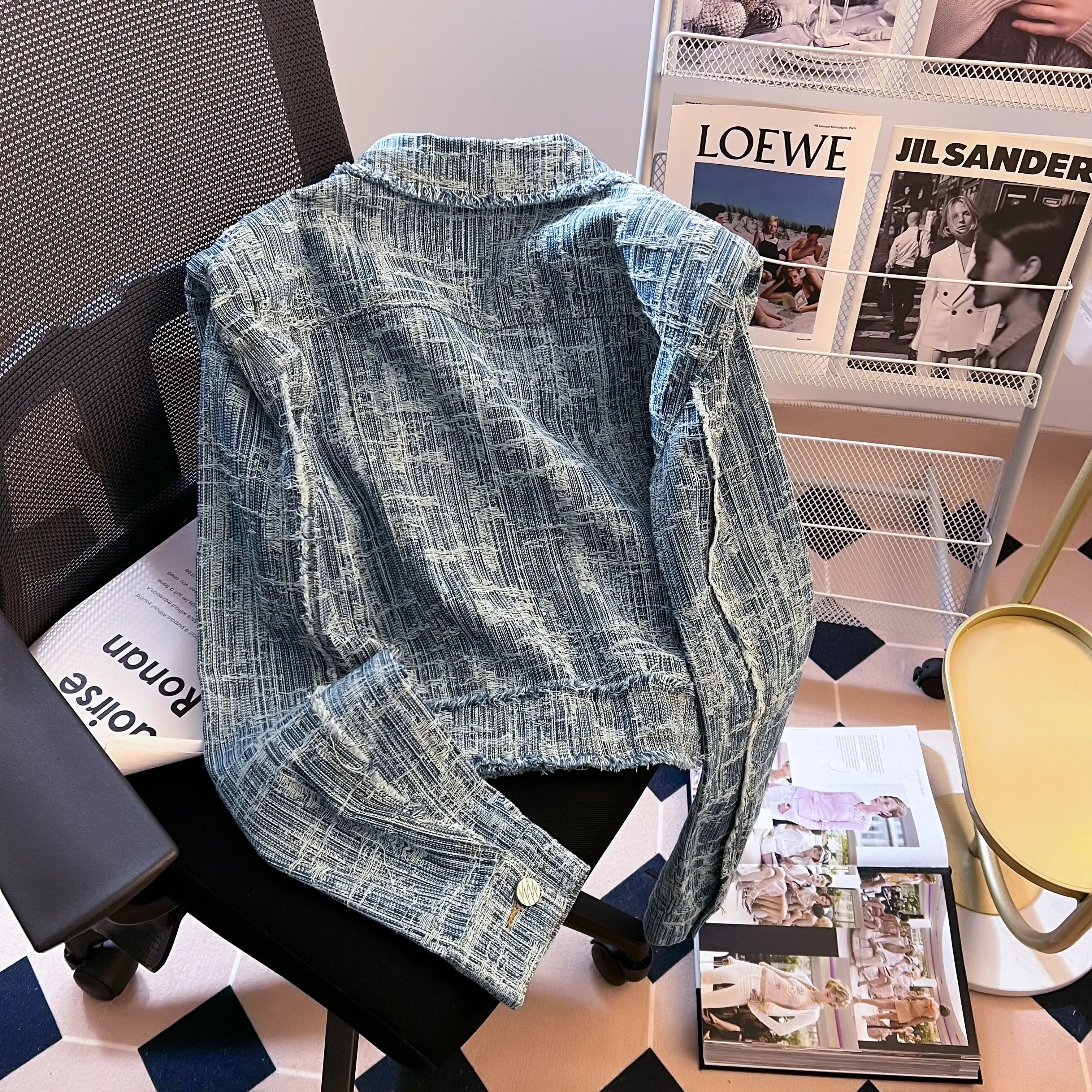 Elegant Patchwork DENIM แจ็คเก็ตแฟชั่นเดี่ยวขอบดิบสั้นเสื้อผู้หญิงฤดูใบไม้ผลิฤดูใบไม้ร่วง Turndown COLLAR หลวม TOP