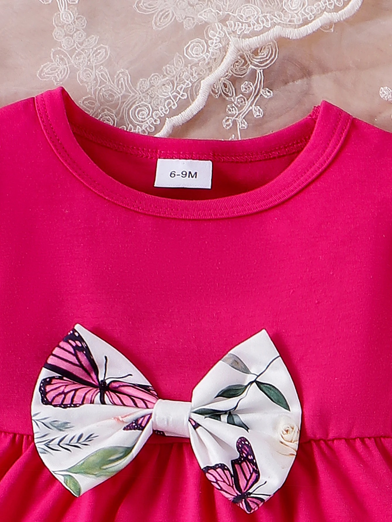 2PCS In autumn, comfortable sweet and lovely round-collar rose red top + butterfly printed pantsuit for girls aged 0-3