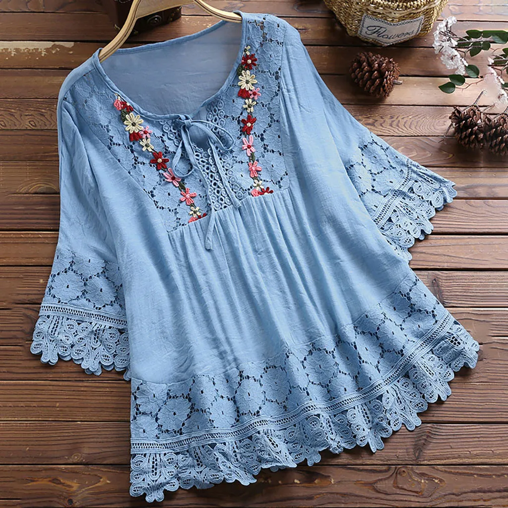 Elegant Loose Lace Trim Blouses Women Casual Floral Embroidery Shirts V-Neck Three Quarter Sleeve Tops Female Blusas Mujer