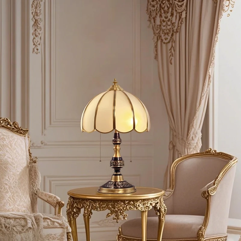 الإيطالية الرجعية جميع النحاس سحب الحبل التبديل مصابيح طاولة الزجاج الأبيض عاكس الضوء غرفة المعيشة غرفة نوم دراسة مطعم LED مكتب أضواء #4