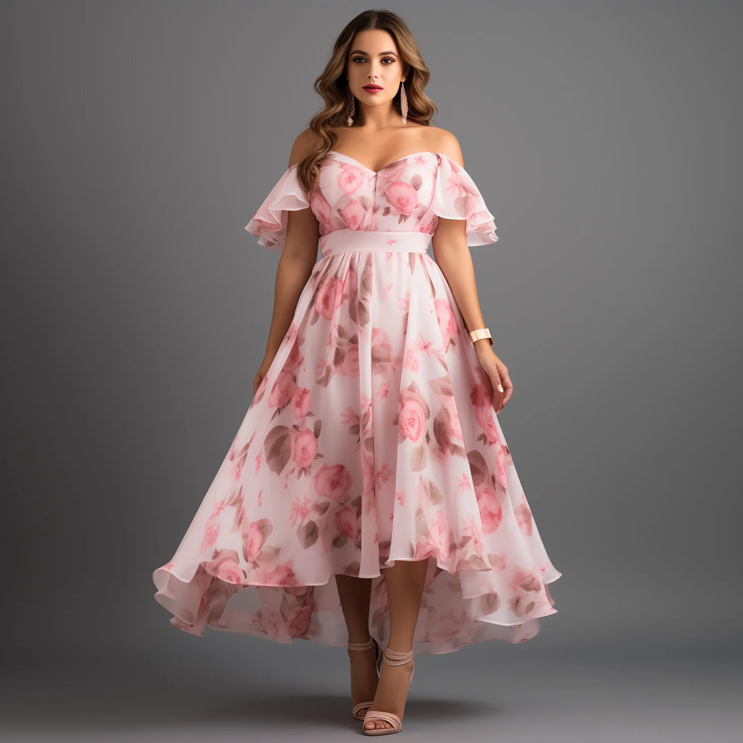 Abito lungo Flycurvy taglie forti per le vacanze in chiffon rosa con stampa floreale con spalle scoperte e orlo alto e basso
