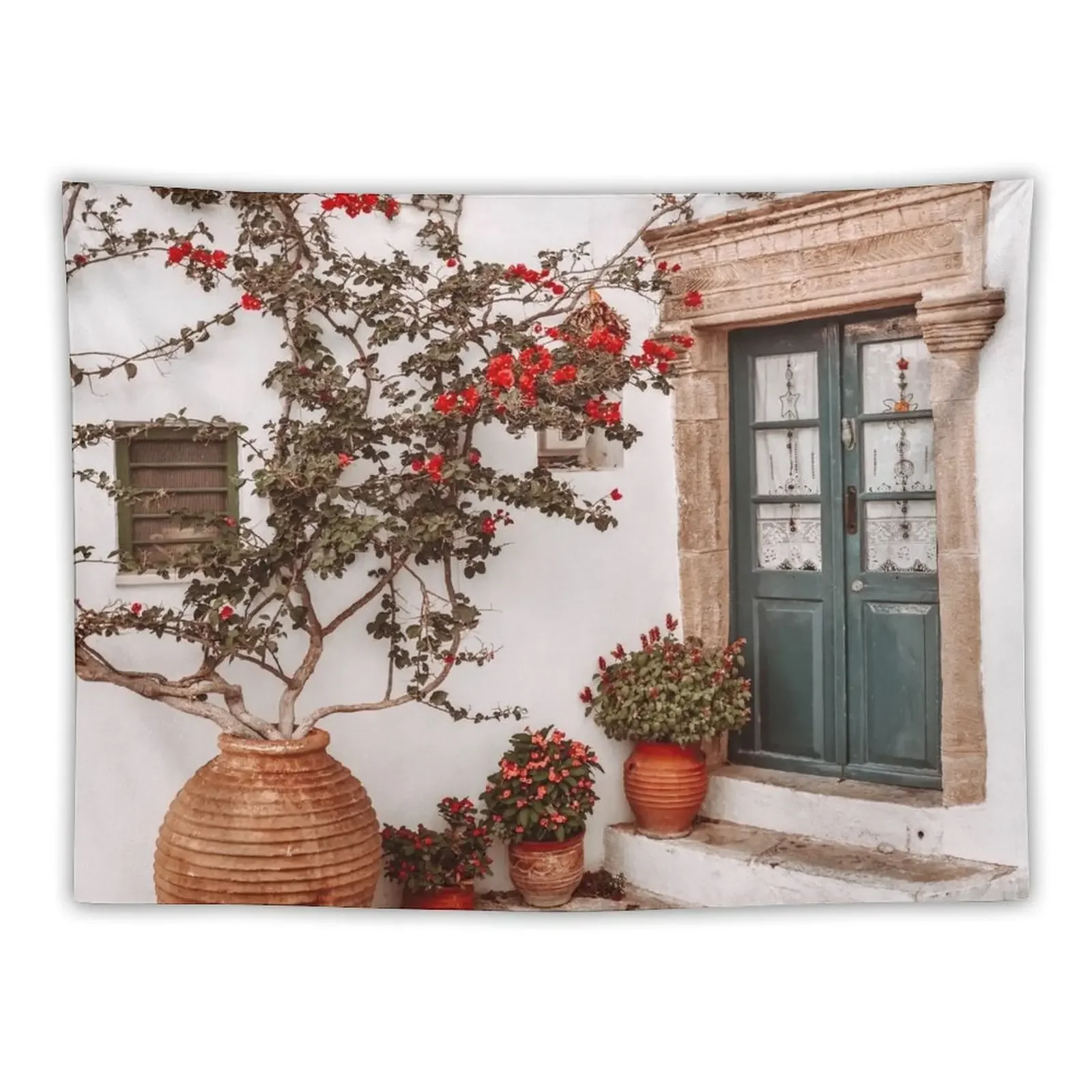 

Green Front Door in Greek Islands, Orange Bougainvillea Flowers Tapestry Bedrooms Decor Decoration For Home Tapestry