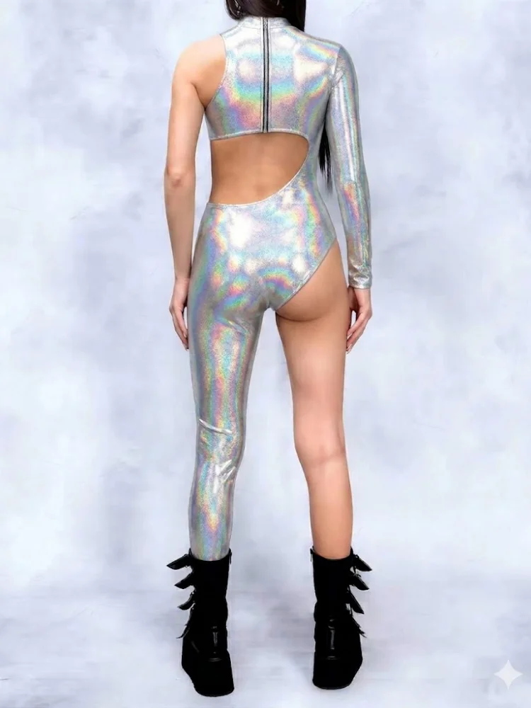 Damen Glänzender Metallischer Spandex-Unitard, Unregelmäßiger Jumpsuit mit Einem Arm, Halloween-Karnevalsparty Zentai-Kostüm mit Halbarm – Detail 9