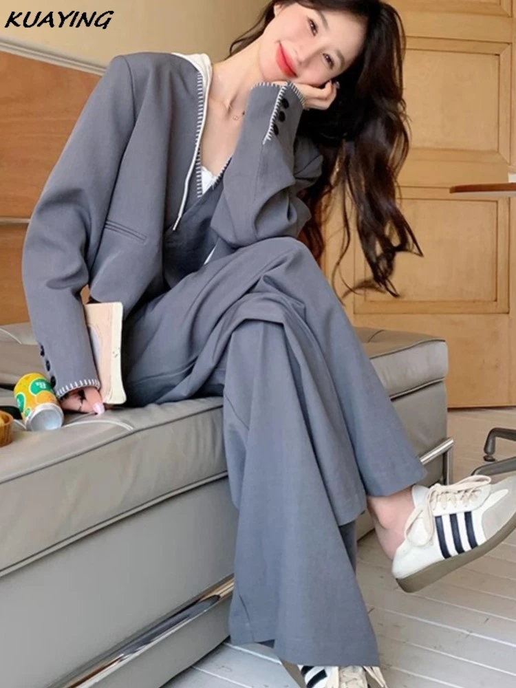 Autumn Casual Blazer Pantsuits Detachable Hooded Jackets Wide Leg Pants Business Work Wear Two-pieces Set Female Formal Clothes