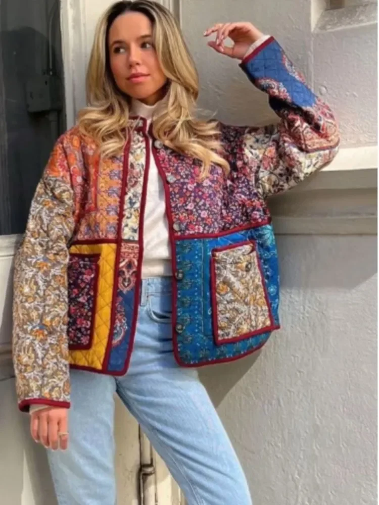 Jaquetas de algodão estampadas patchwork para mulheres, gola com bolsos, casacos chiques, casacos femininos engrossados, tops de outono