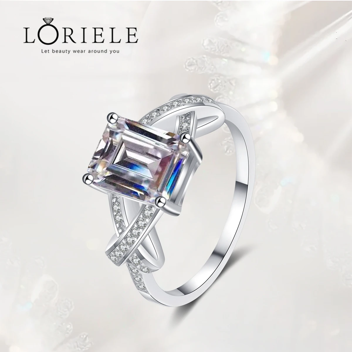 

LORIELE 3ct Emerald/Radian Cut Moissanite Ring for Women White Gold Plated 7*9mm Ideal Cut Sparkling Wedding Diamond Band Jewelr