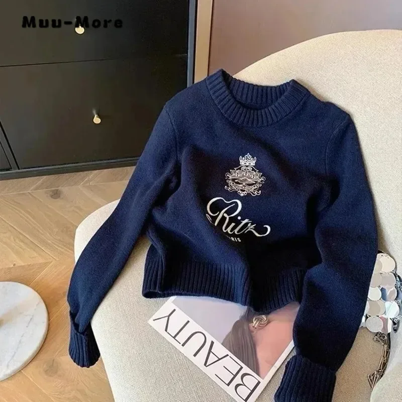 

Women's Vintage Knitting Long Sleeve Casual Pullovers 2024 Winter Fashion Round Neck Loose Female Letter Embroidery Sweater Top