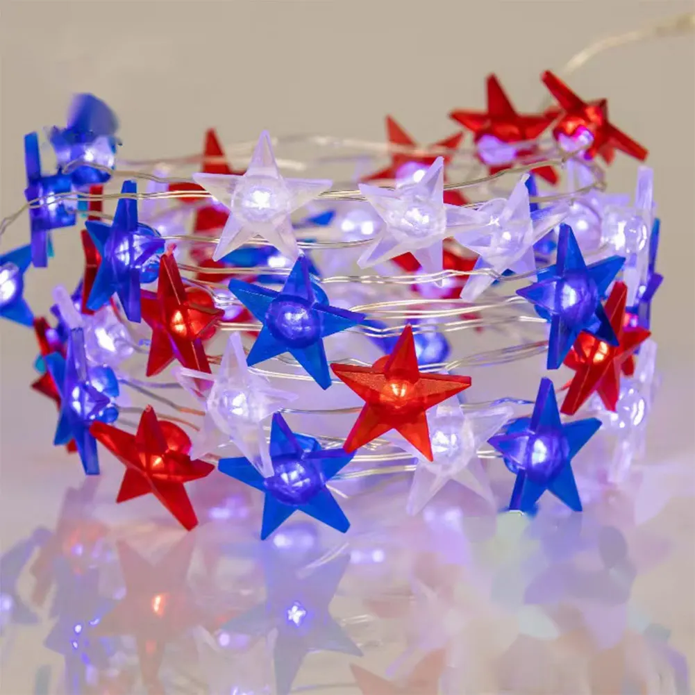 Red White Blue Star String Lights Battery Operated Star Atmosphere Lights Decorative String Lights for Patriotic Decorations