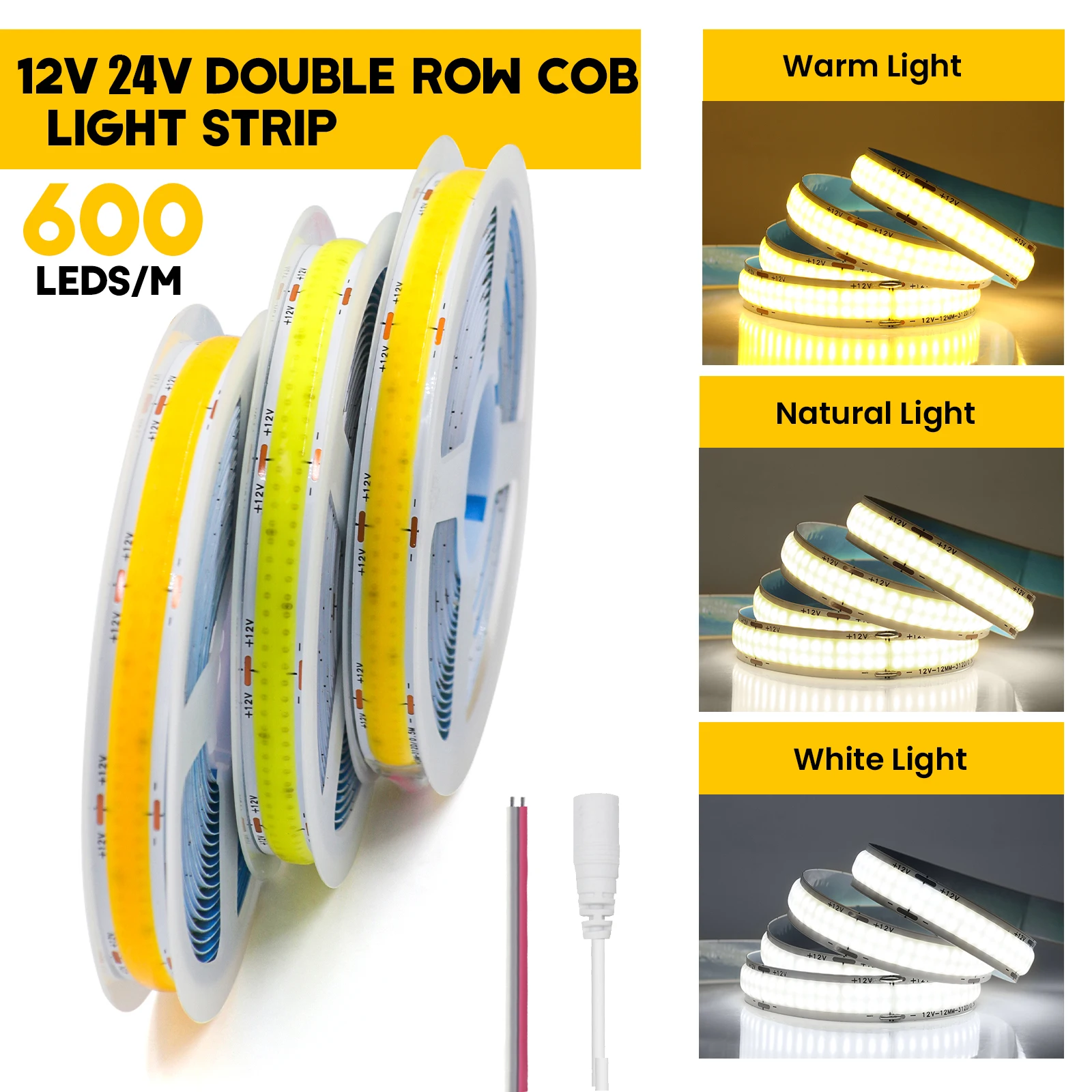 Double Row COB LED Strip 600 LEDs/m Flexible Led Tape 12V 24V Super Bright Led Lighting 3000K 4000K 6500K for Home Decor