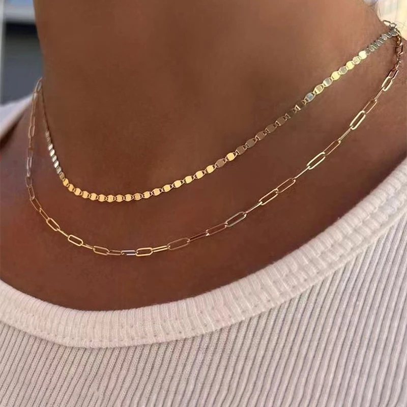 

Double Layer Lattice Flattened Copper Chain Lobster Claw Necklace Party Vacation Concert Trendy Fashion Versatile Niche Necklace